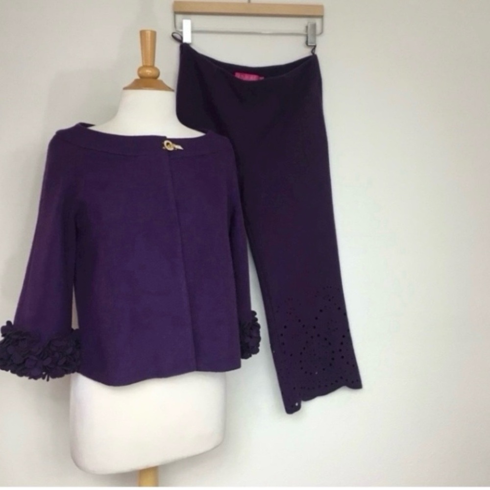 Vintage Womens Mascot Purple Wool Mix Crop Boxy Blazer Crop Wide Leg Pant Size M